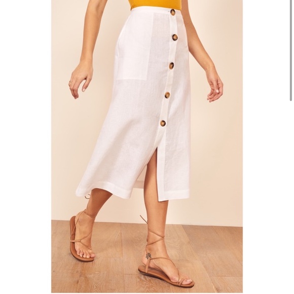REFORMATION Highland Button Front Midi Linen Skirt In White Size 4 - Picture 7 of 13